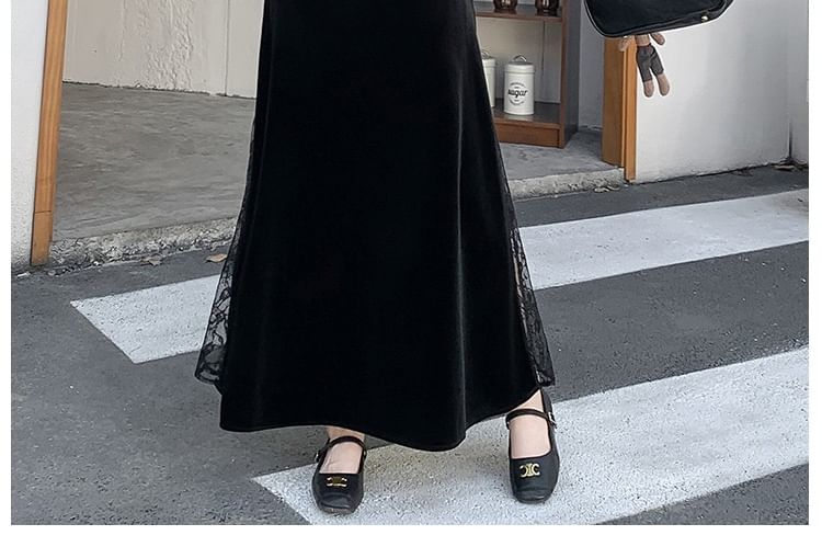 High-Waist Velvet Lace Panel Maxi Skirt
