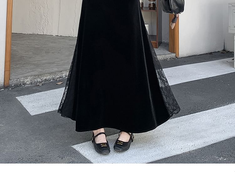 High-Waist Velvet Lace Panel Maxi Skirt