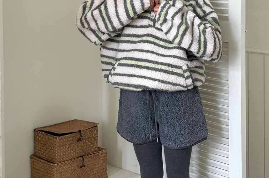 Collared Striped Fleece Sweatshirt with Button Front