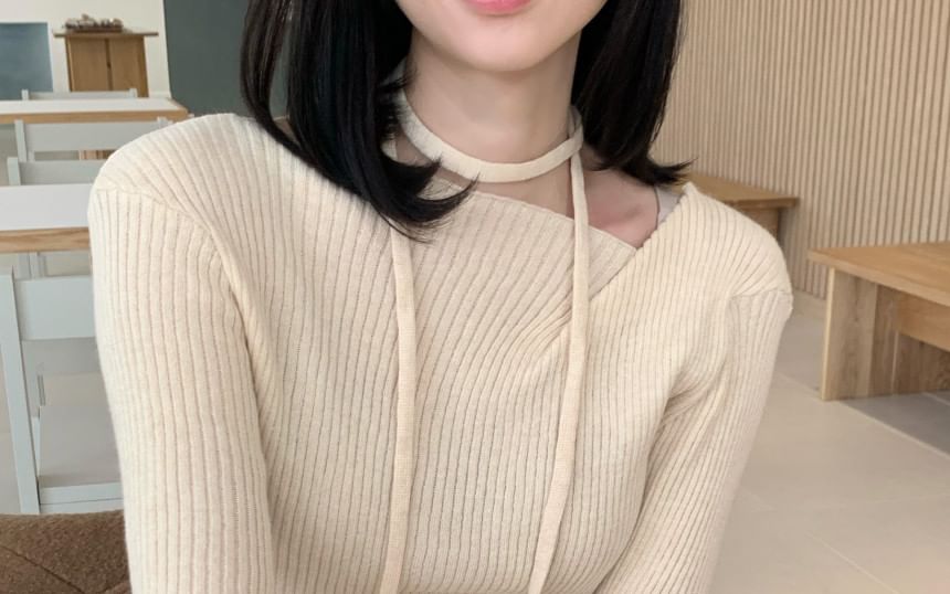 Asymmetrical Neck Ribbed Knit Long-Sleeve Top with Twist