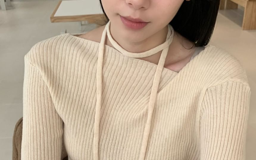 Asymmetrical Neck Ribbed Knit Long-Sleeve Top with Twist