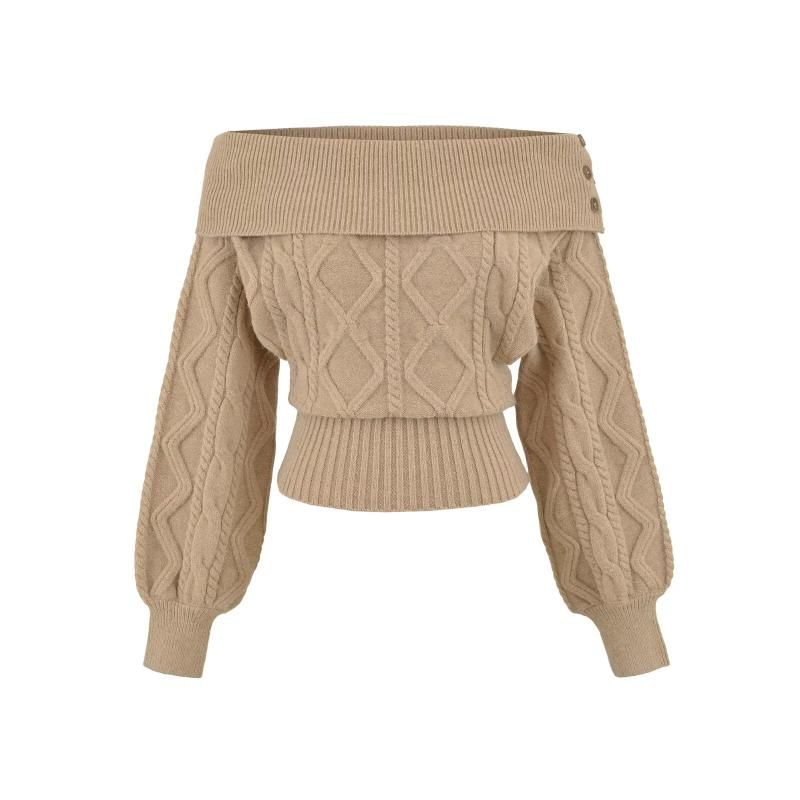 Cropped Off-Shoulder Cable Knit Pullover