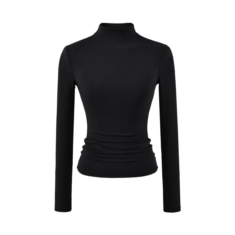 Mock Neck Long-Sleeve Solid Knit Tee with Ribbed Texture