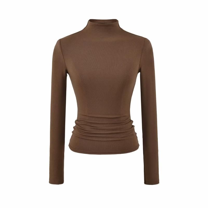 Mock Neck Long-Sleeve Solid Knit Tee with Ribbed Texture
