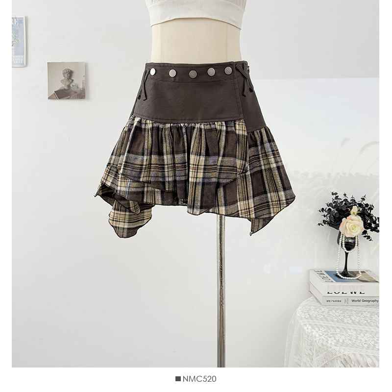 Plaid Studded High Waist Asymmetrical Mini Skirt