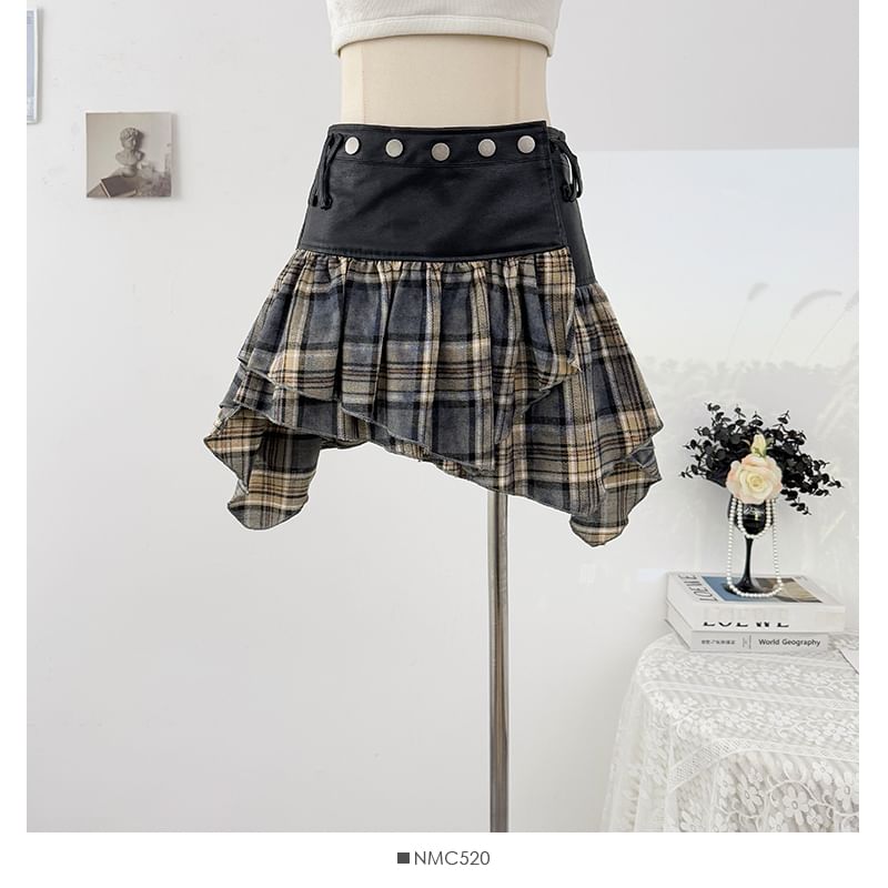 Plaid Studded High Waist Asymmetrical Mini Skirt