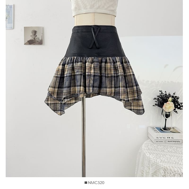 Plaid Studded High Waist Asymmetrical Mini Skirt