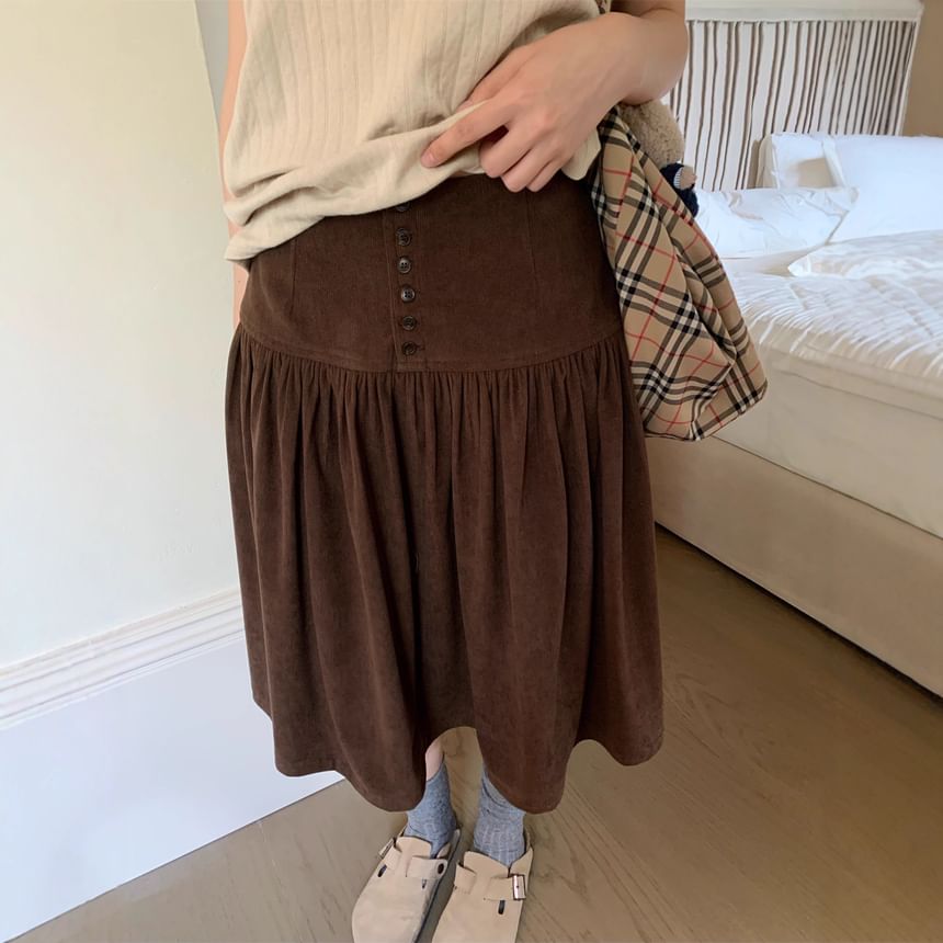 High-Waist Corduroy A-Line Skirt with Button Fly