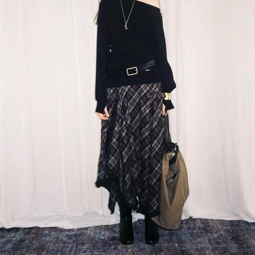 Plaid Asymmetrical Fringed A-Line Skirt
