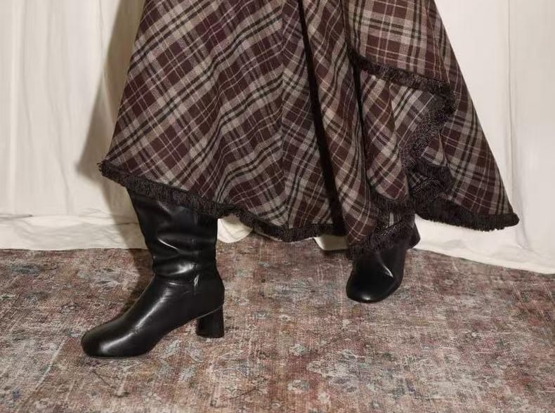 Plaid Asymmetrical Fringed A-Line Skirt