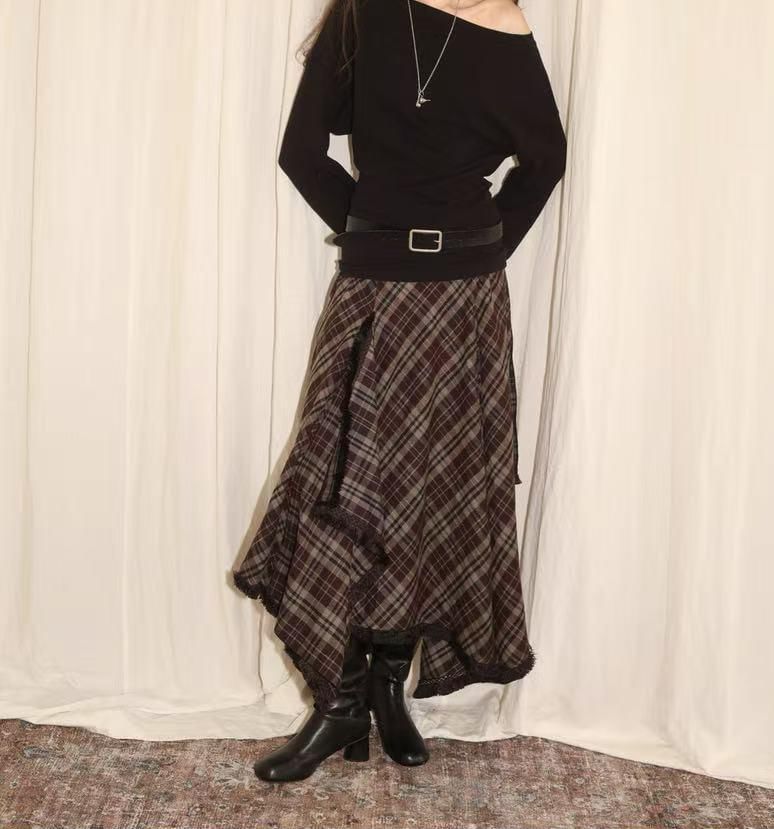 Plaid Asymmetrical Fringed A-Line Skirt