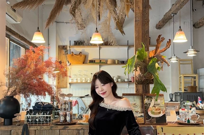 One-Shoulder Velvet Blouse & Tiered Midi Skirt Set