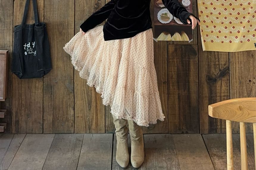 One-Shoulder Velvet Blouse & Tiered Midi Skirt Set