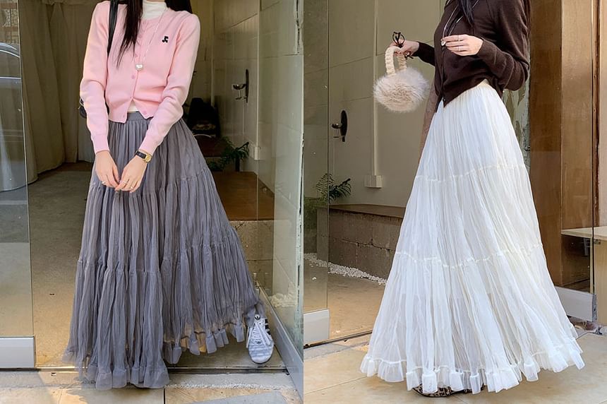 High-Waist Tiered Mesh Maxi Skirt