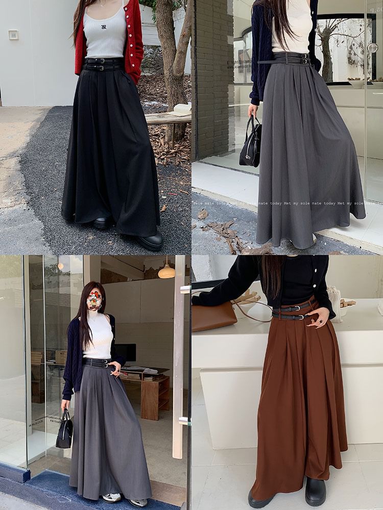 Mid-Waist Pleated Midi A-Line Skirt