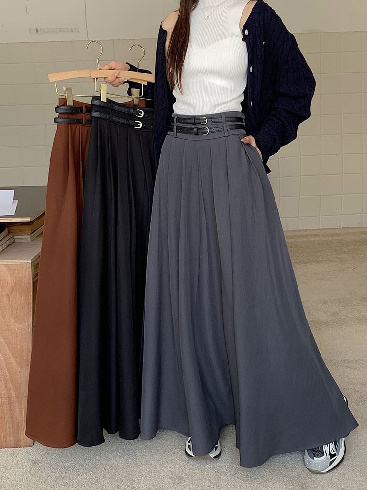Mid-Waist Pleated Midi A-Line Skirt