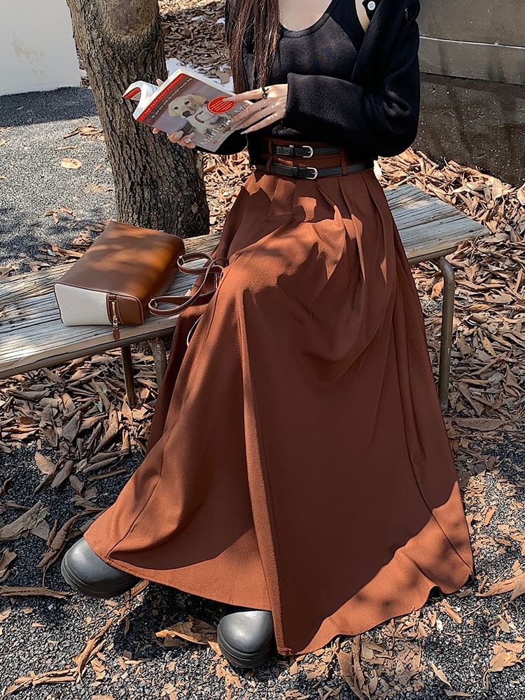 Mid-Waist Pleated Midi A-Line Skirt