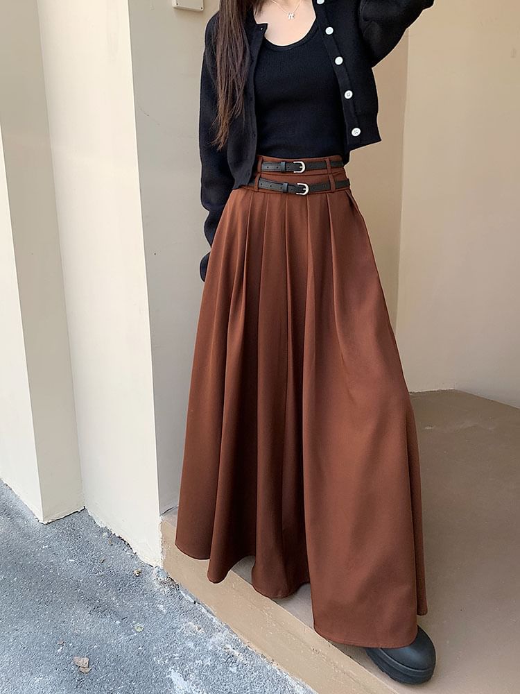 Mid-Waist Pleated Midi A-Line Skirt