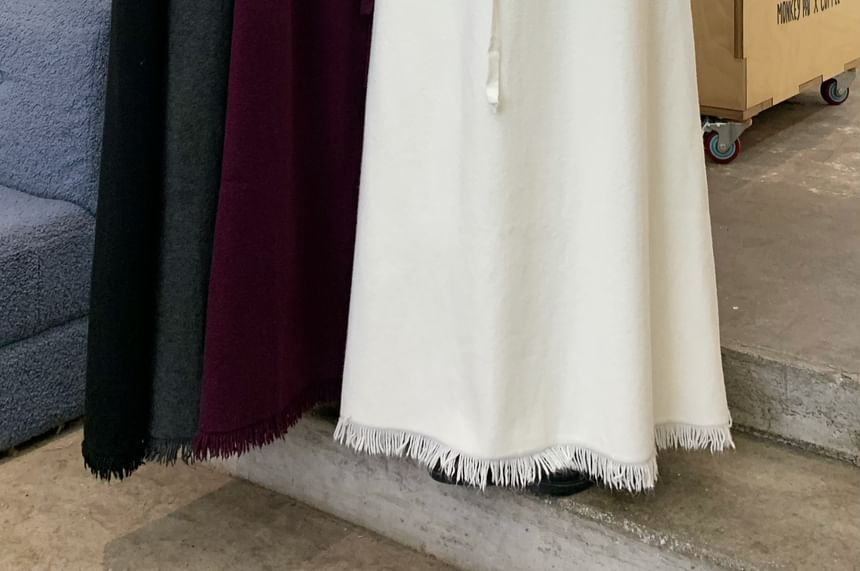 High-Waist Tassel Trim Midi Knit Skirt