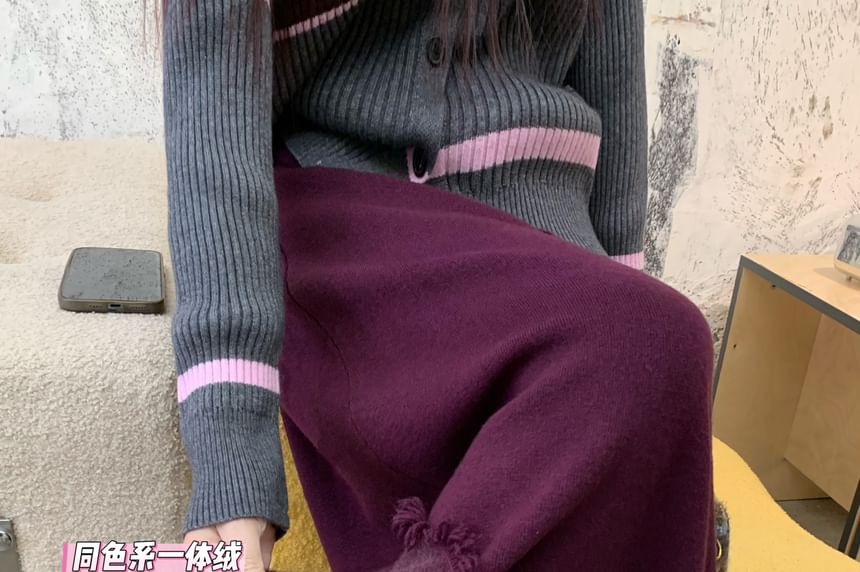 High-Waist Tassel Trim Midi Knit Skirt
