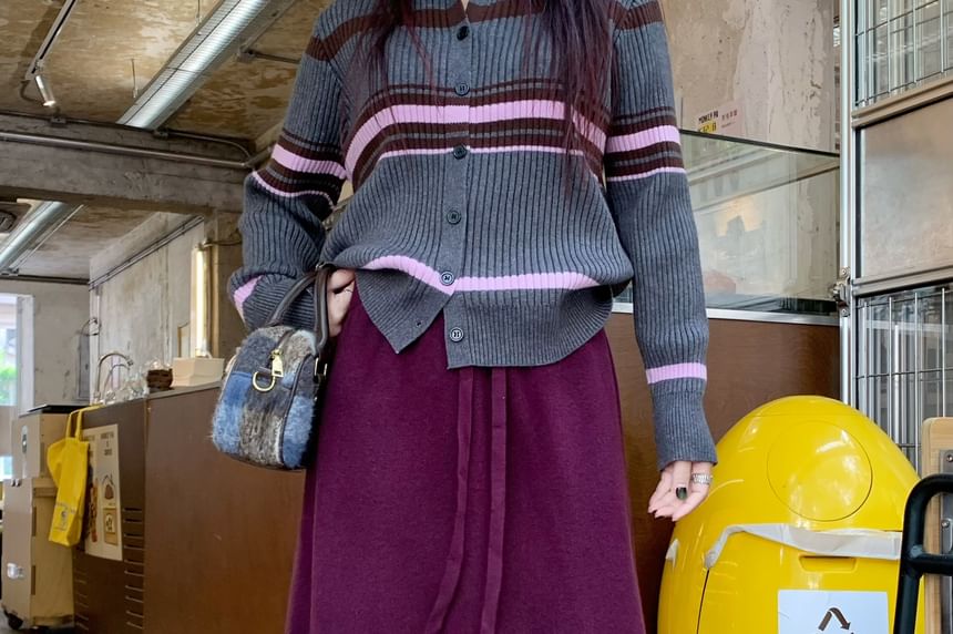 High-Waist Tassel Trim Midi Knit Skirt