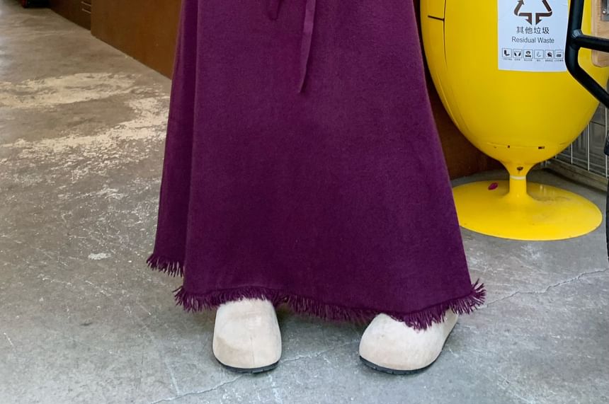 High-Waist Tassel Trim Midi Knit Skirt