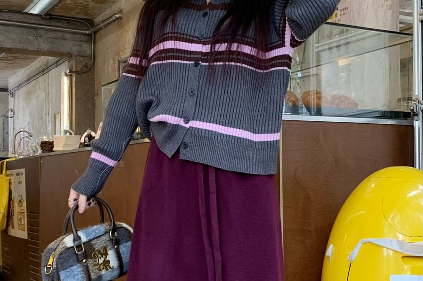 High-Waist Tassel Trim Midi Knit Skirt