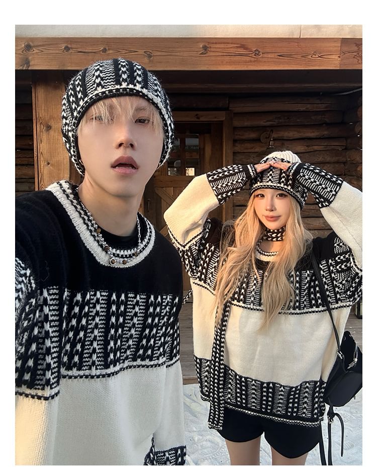 Couples' Round Neck Jacquard Knit Set with Beanie & Scarf