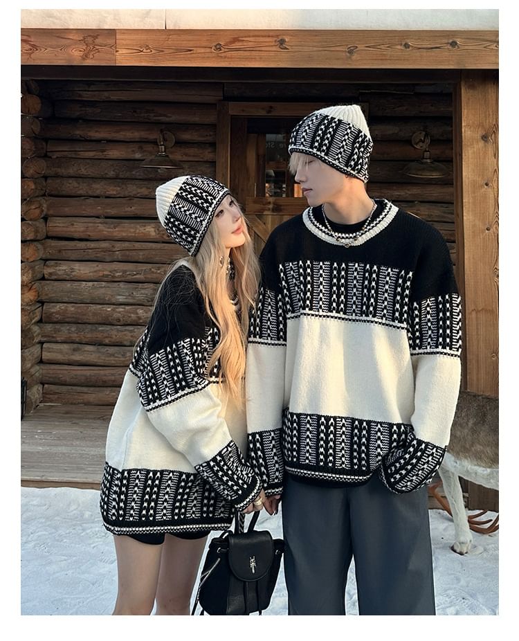 Couples' Round Neck Jacquard Knit Set with Beanie & Scarf