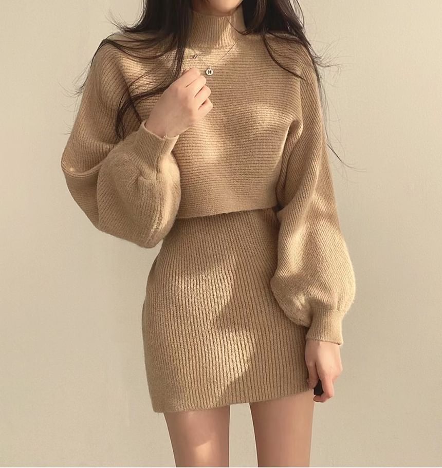 Turtleneck Crop Sweater & Sleeveless Knit Dress Set