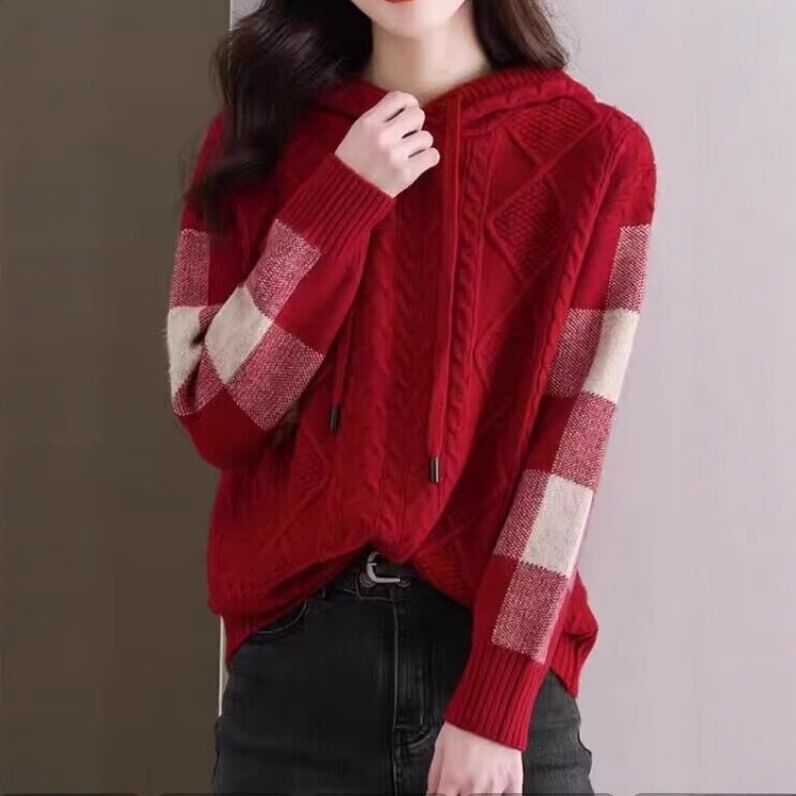Plaid Hoodie with Cable Knit V-Neck Detail