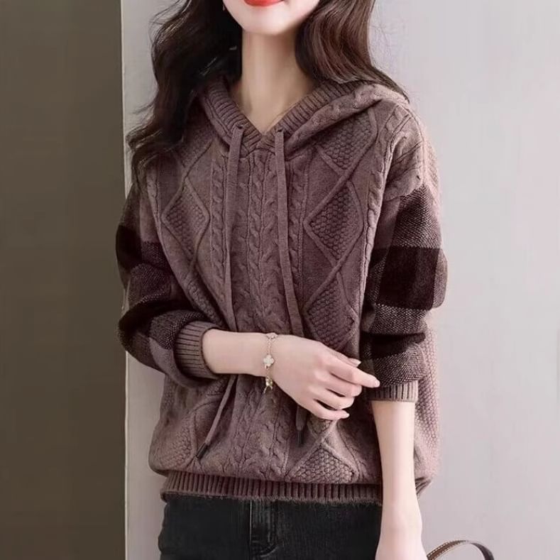 Plaid Hoodie with Cable Knit V-Neck Detail