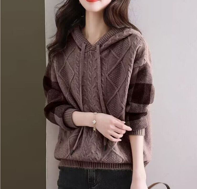 Plaid Hoodie with Cable Knit V-Neck Detail