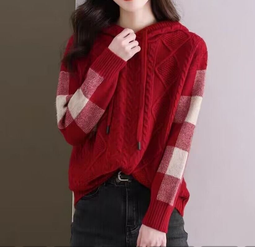 Plaid Hoodie with Cable Knit V-Neck Detail
