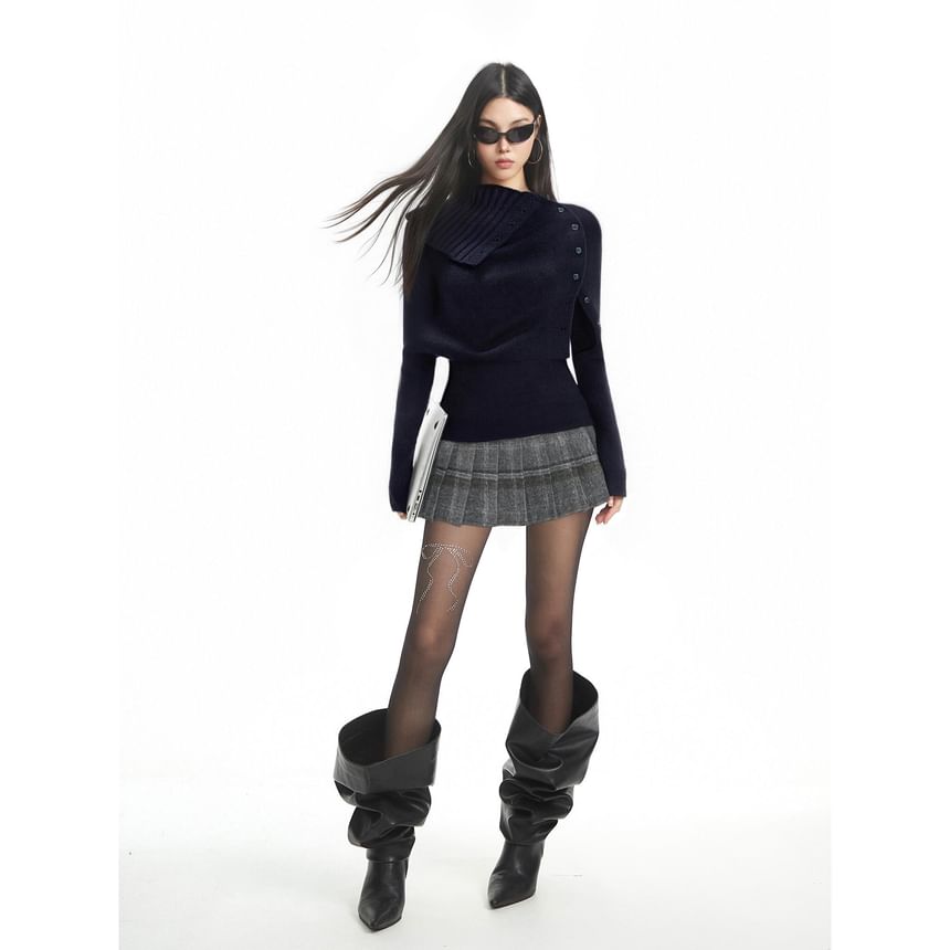 Turtleneck Buttoned Knit Top & Pleated Mini Skirt Set