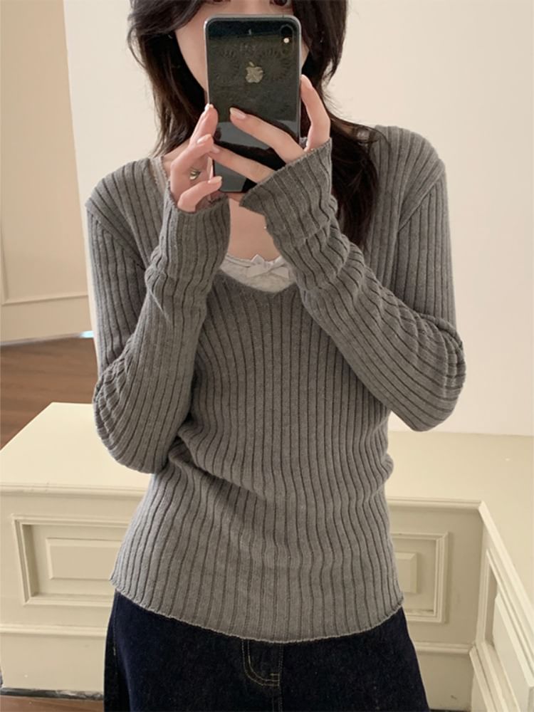 Long-Sleeve V-Neck Solid Knit Top