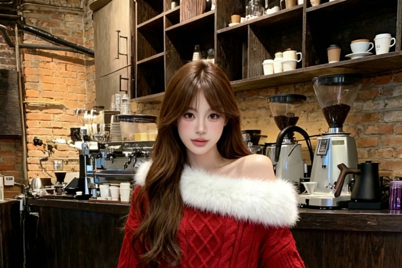 Fluffy Trim Off-Shoulder Cable Knit Sweater