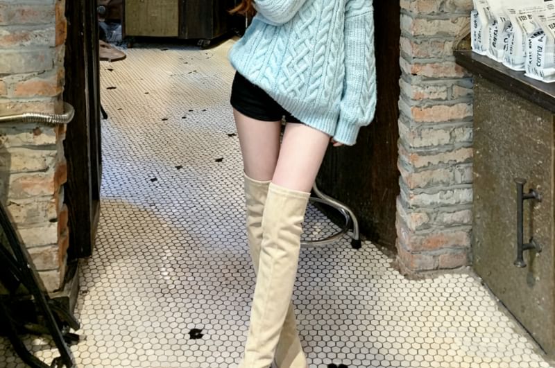 Fluffy Trim Off-Shoulder Cable Knit Sweater