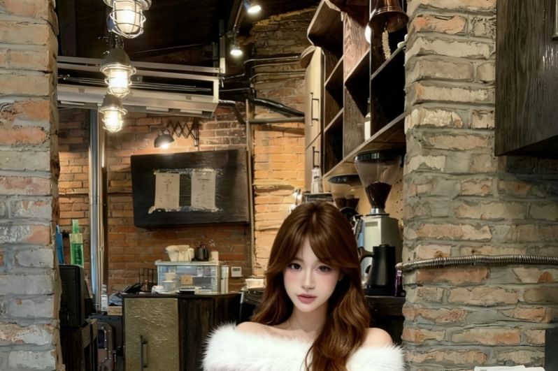 Fluffy Trim Off-Shoulder Cable Knit Sweater