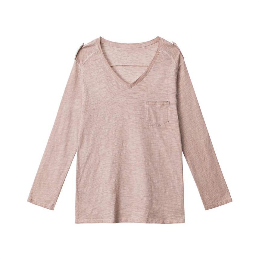 V-Neck Long-Sleeved Plain Loose-Fit T-Shirt