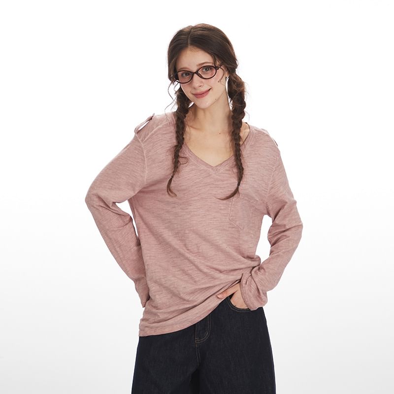 V-Neck Long-Sleeved Plain Loose-Fit T-Shirt