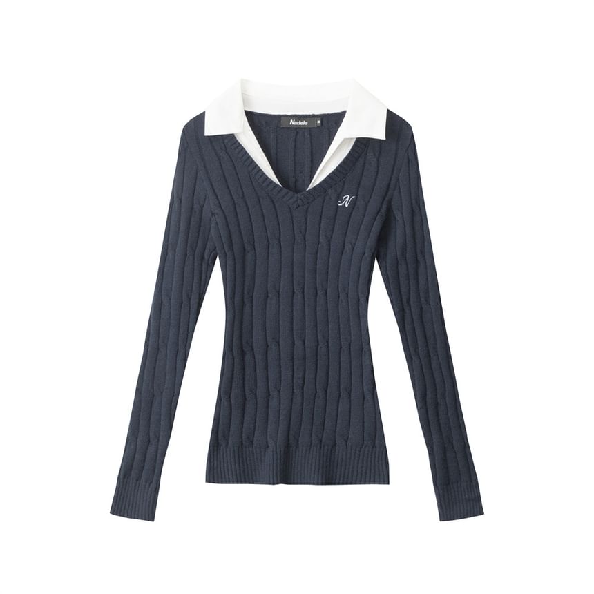 V-Neck Long-Sleeved Plain Cable-Knit Slim-Fit Top