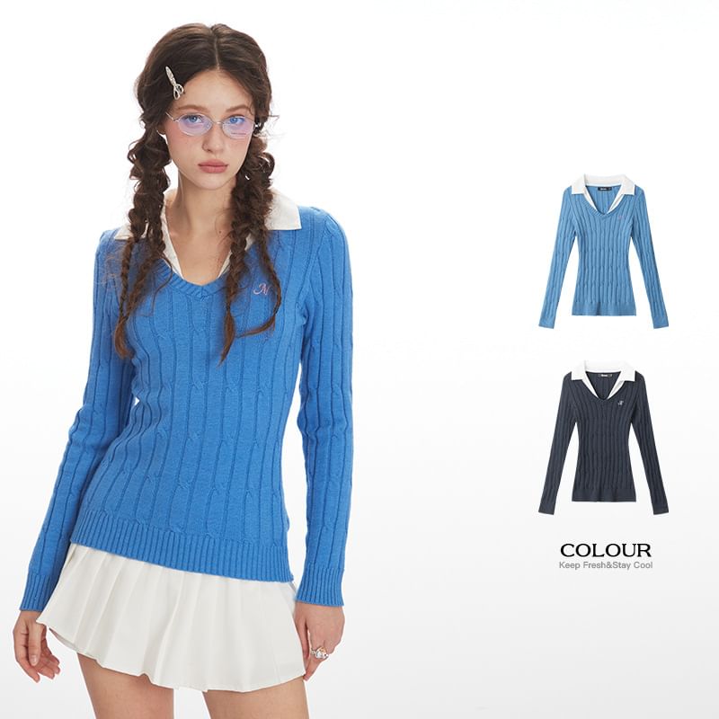 V-Neck Long-Sleeved Plain Cable-Knit Slim-Fit Top