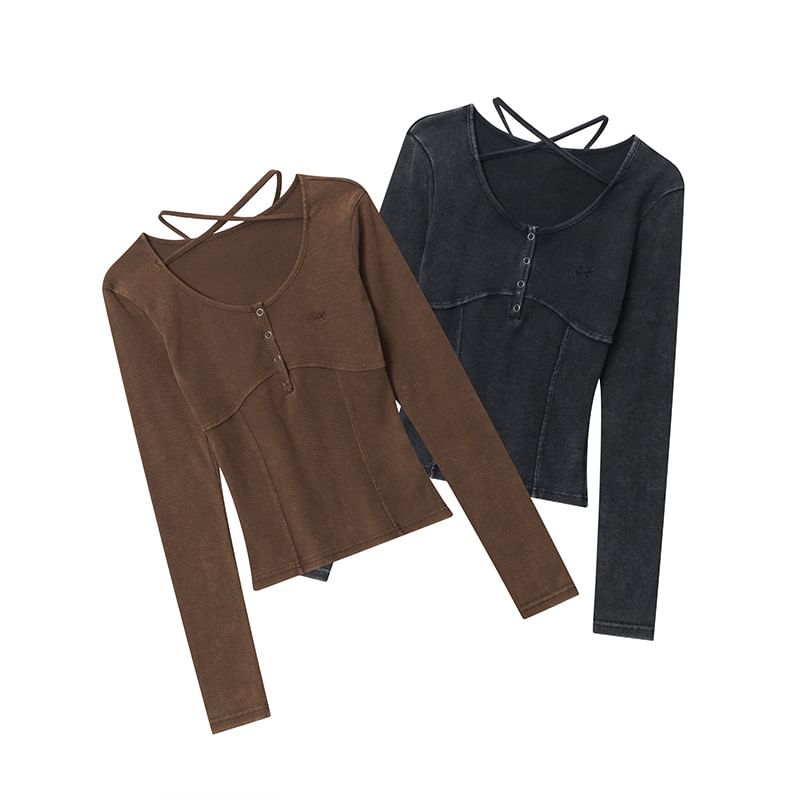 Scoop-Neck Cross-Strap Washed Long-Sleeved Slim-Fit T-Shirt