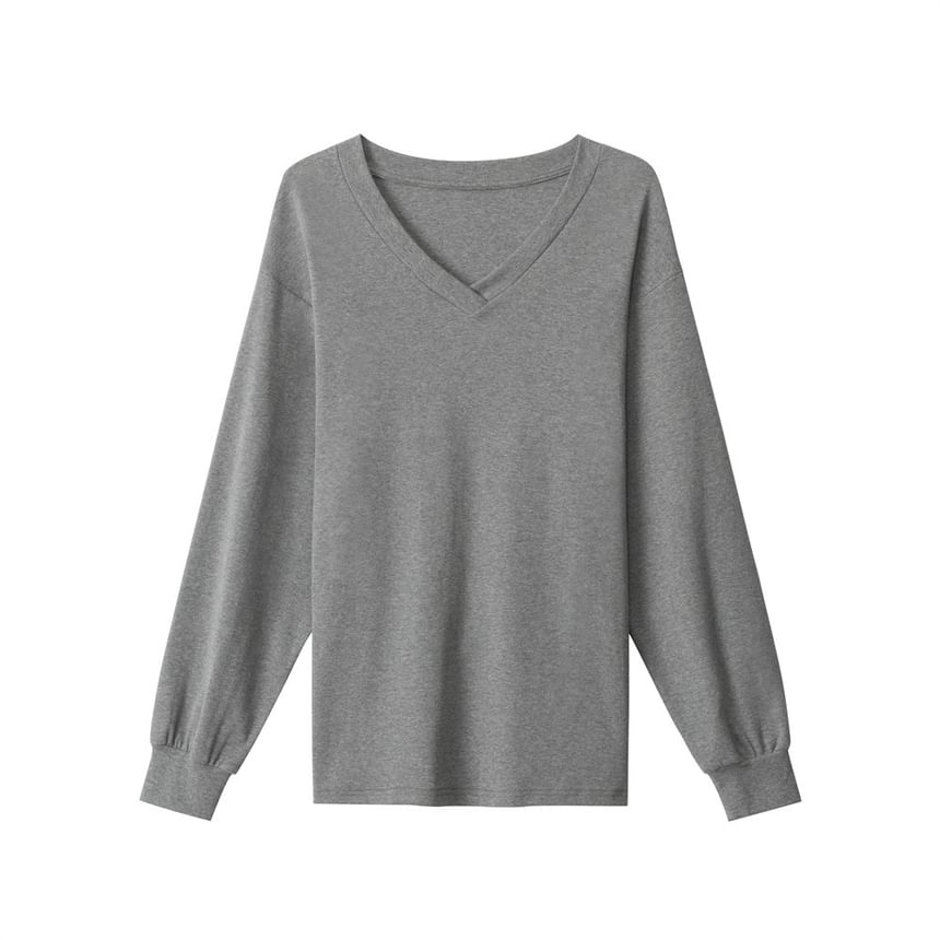 Long Sleeve V-Neck Plain Lace-Up Back T-Shirt