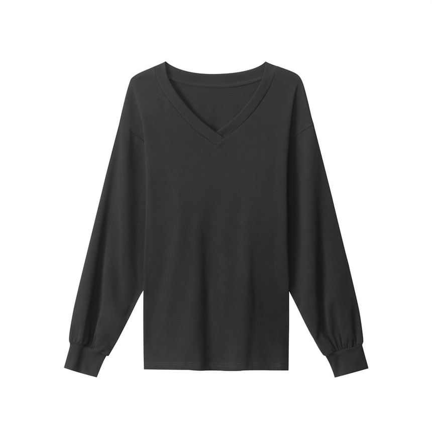 Long Sleeve V-Neck Plain Lace-Up Back T-Shirt