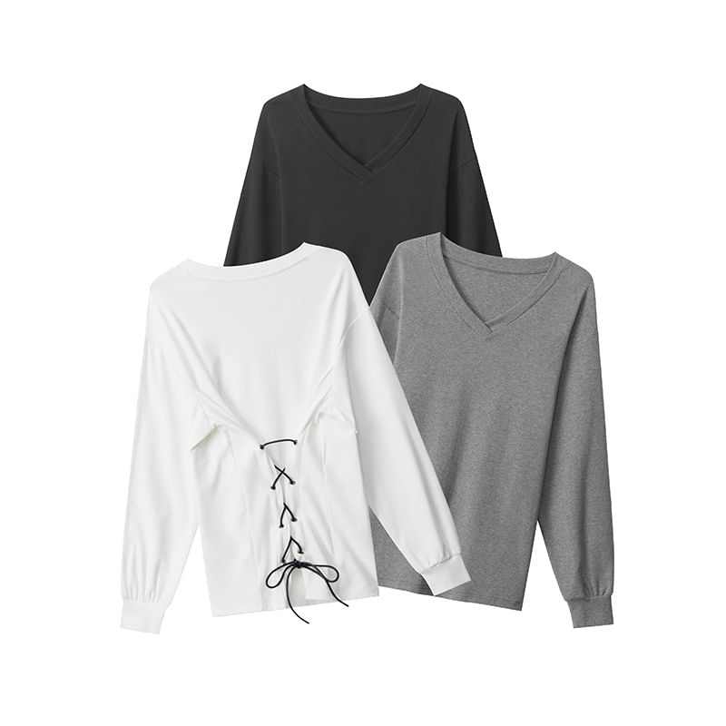 Long Sleeve V-Neck Plain Lace-Up Back T-Shirt