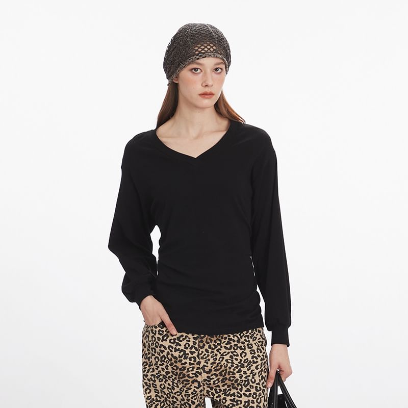 Long Sleeve V-Neck Plain Lace-Up Back T-Shirt