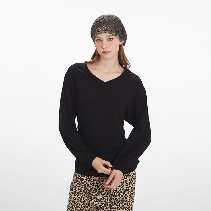Long Sleeve V-Neck Plain Lace-Up Back T-Shirt