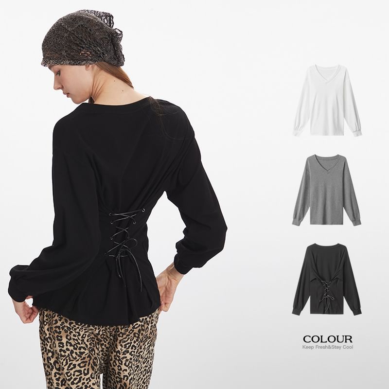 V-Neck Long-Sleeved Plain Lace-Up Back T-Shirt